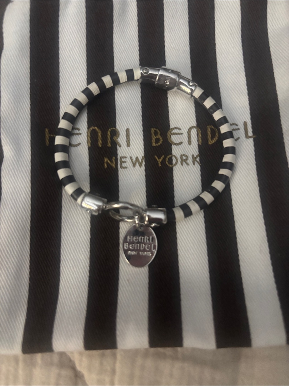 Henri Bendel Brown and white leather signature Striped Logo Charm Bracelet